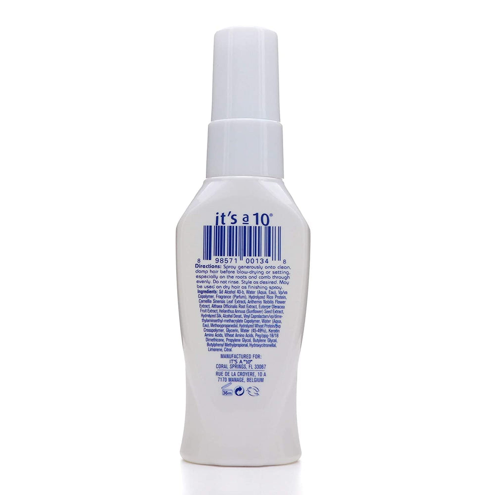 It's a 10 Haircare Miracle Blowdry Volumeizer spray-dispense showcases humidity resistance and smooth styling