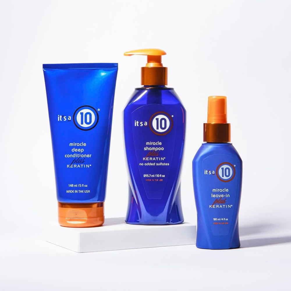 It's A 10 Miracle Deep Conditioner Plus Keratin label highlights strengthening benefits for hair