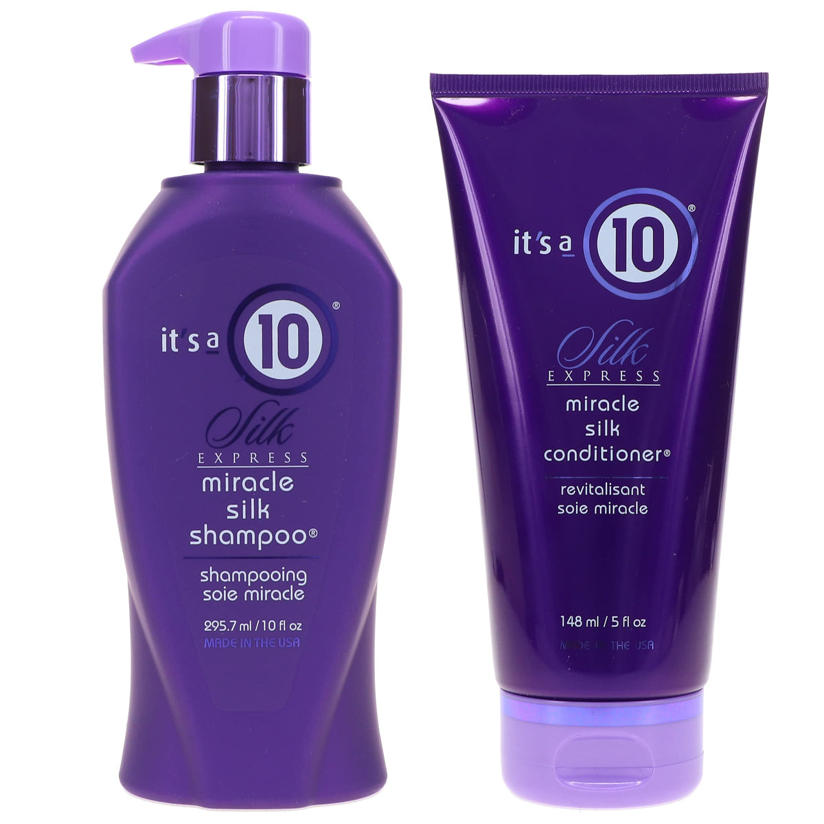 Its a 10 Silk Express Miracle Silk Shampoo bottle showing smooth, frizz-free shine for hair health
