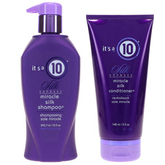 Its a 10 Silk Express Miracle Silk Shampoo bottle showing smooth, frizz-free shine for hair health