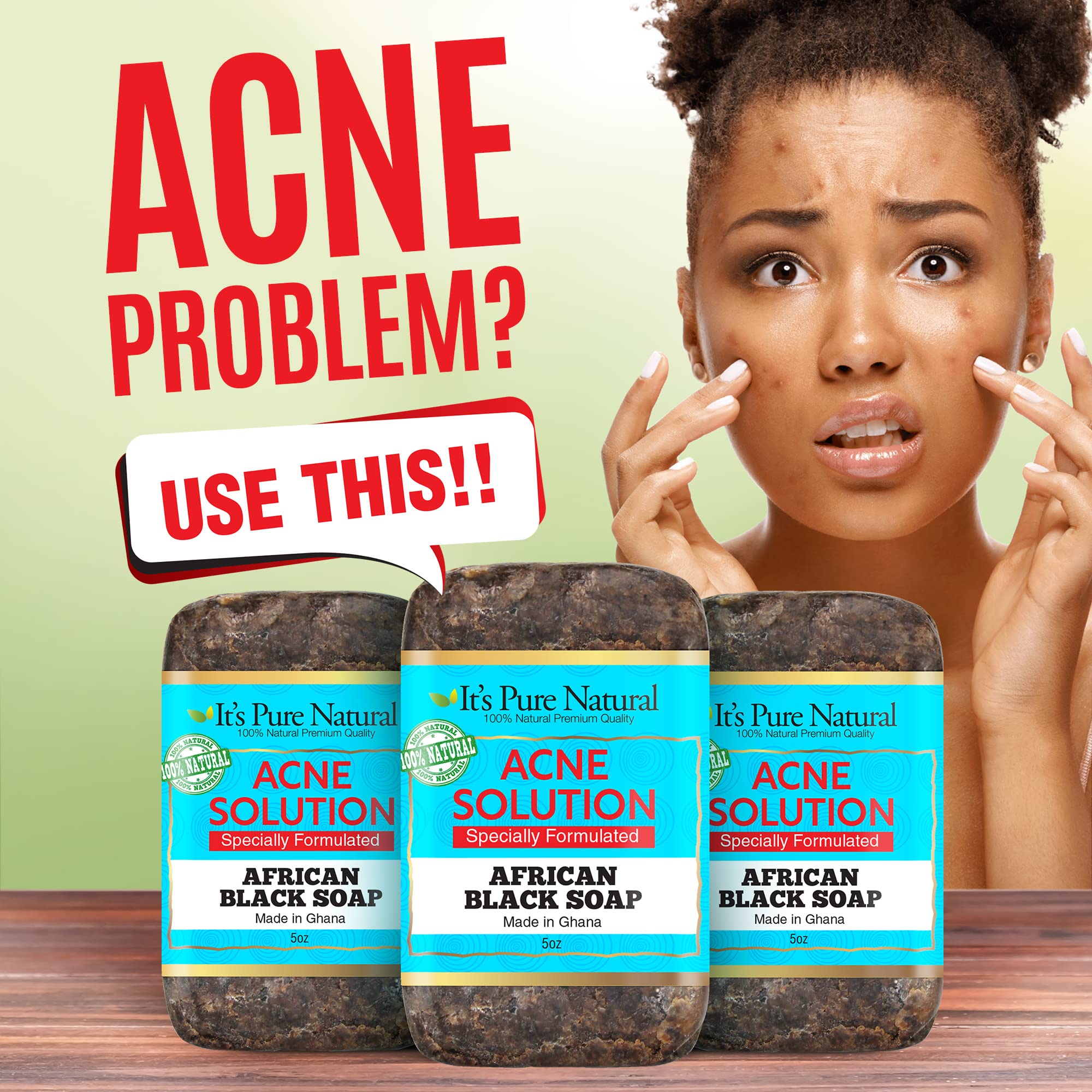 It's Pure Natural African Black Soap bars closeup showing natural ingredients