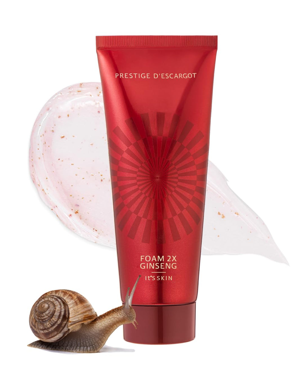 Its Skin Prestige Foam 2X Ginseng escargot bottle showcases premium packaging for a luxurious cleanse.