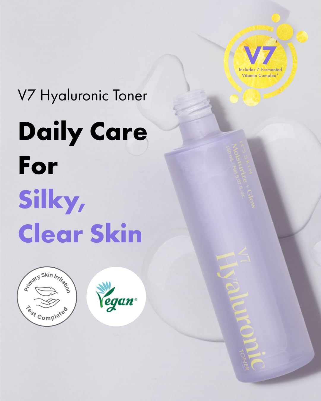 Its Skin V7 Hyaluronic Toner ingredient panel highlighting hyaluronic and vitamins for clarity