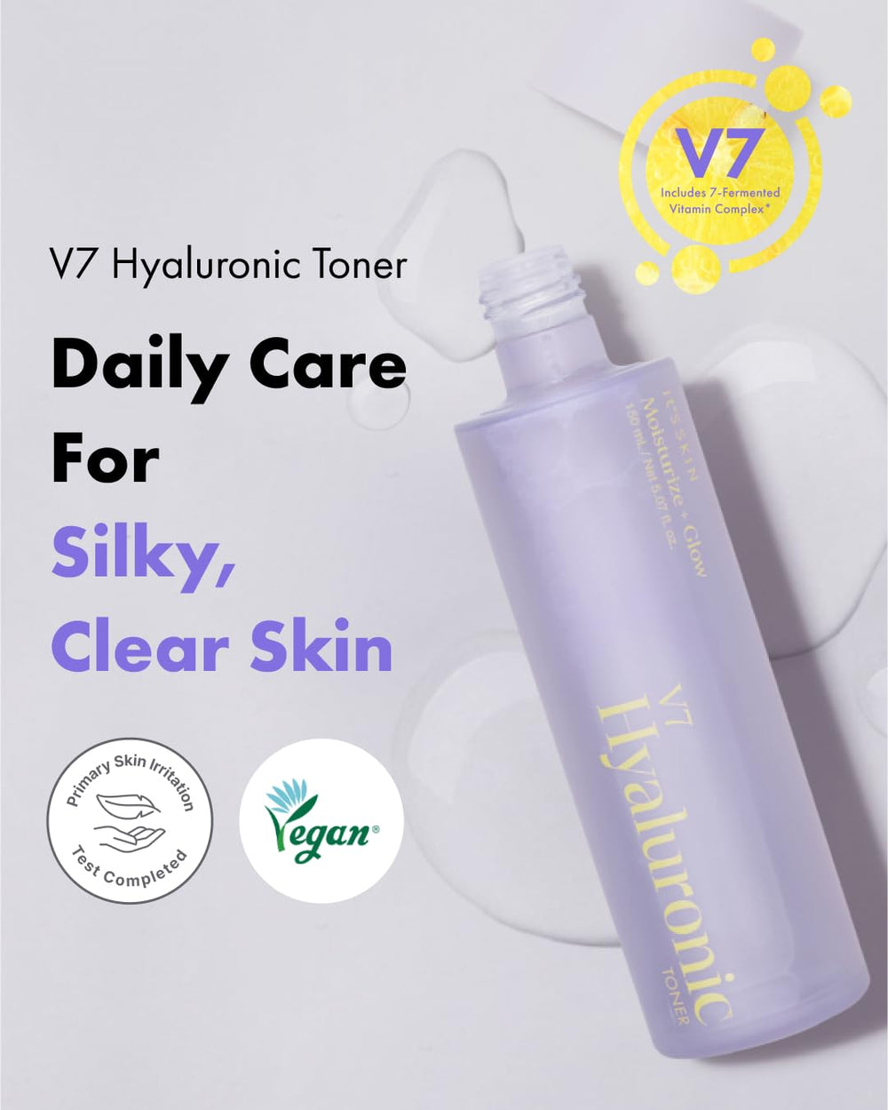 Its Skin V7 Hyaluronic Toner ingredient panel highlighting hyaluronic and vitamins for clarity