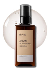 IUNIK Argan 3.9% Hair Oil bottle closeup for smooth, frizz-free hair