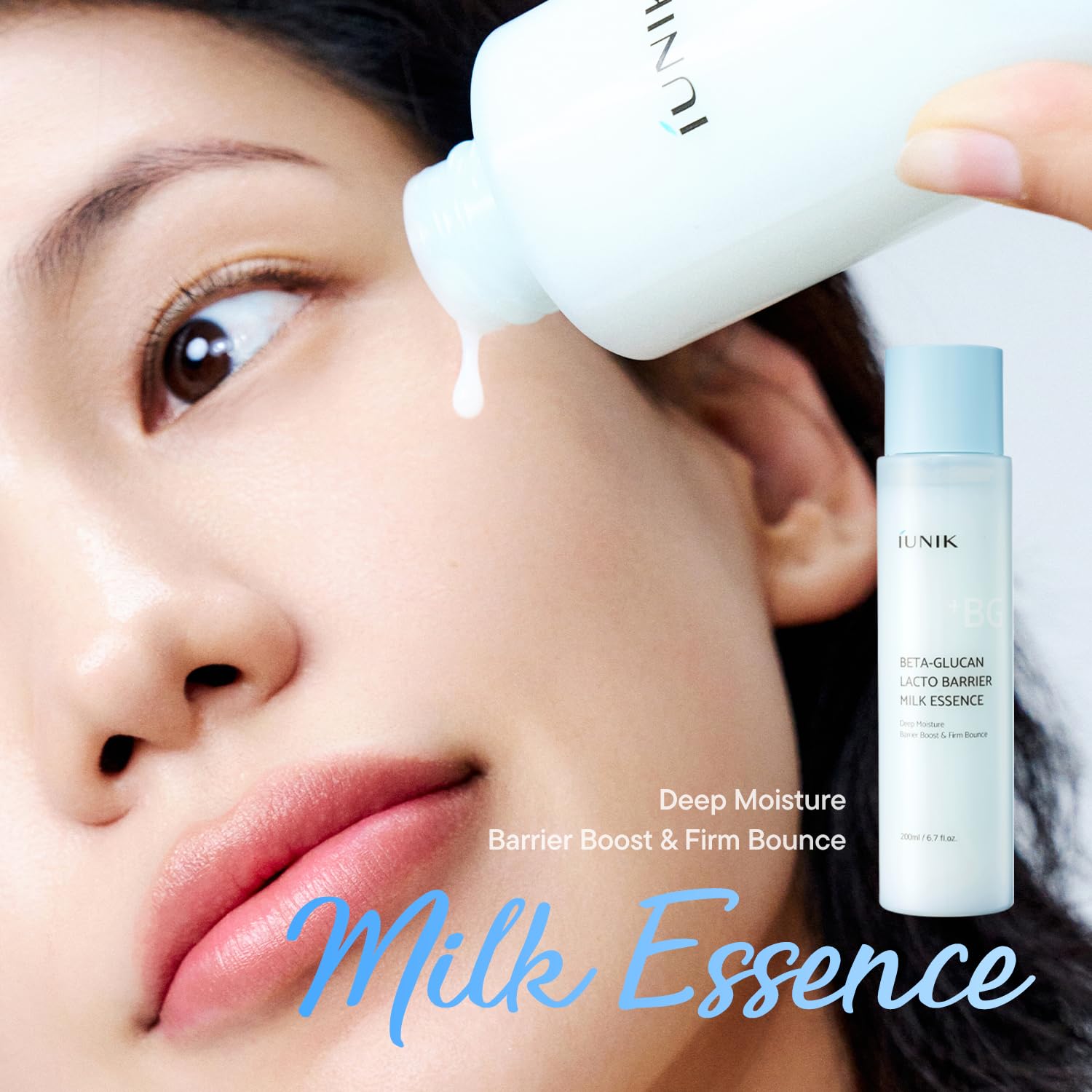 Minimal packaging of IUNIK Beta-Glucan Barrier Milk Essence emphasizes fragrance-free formula