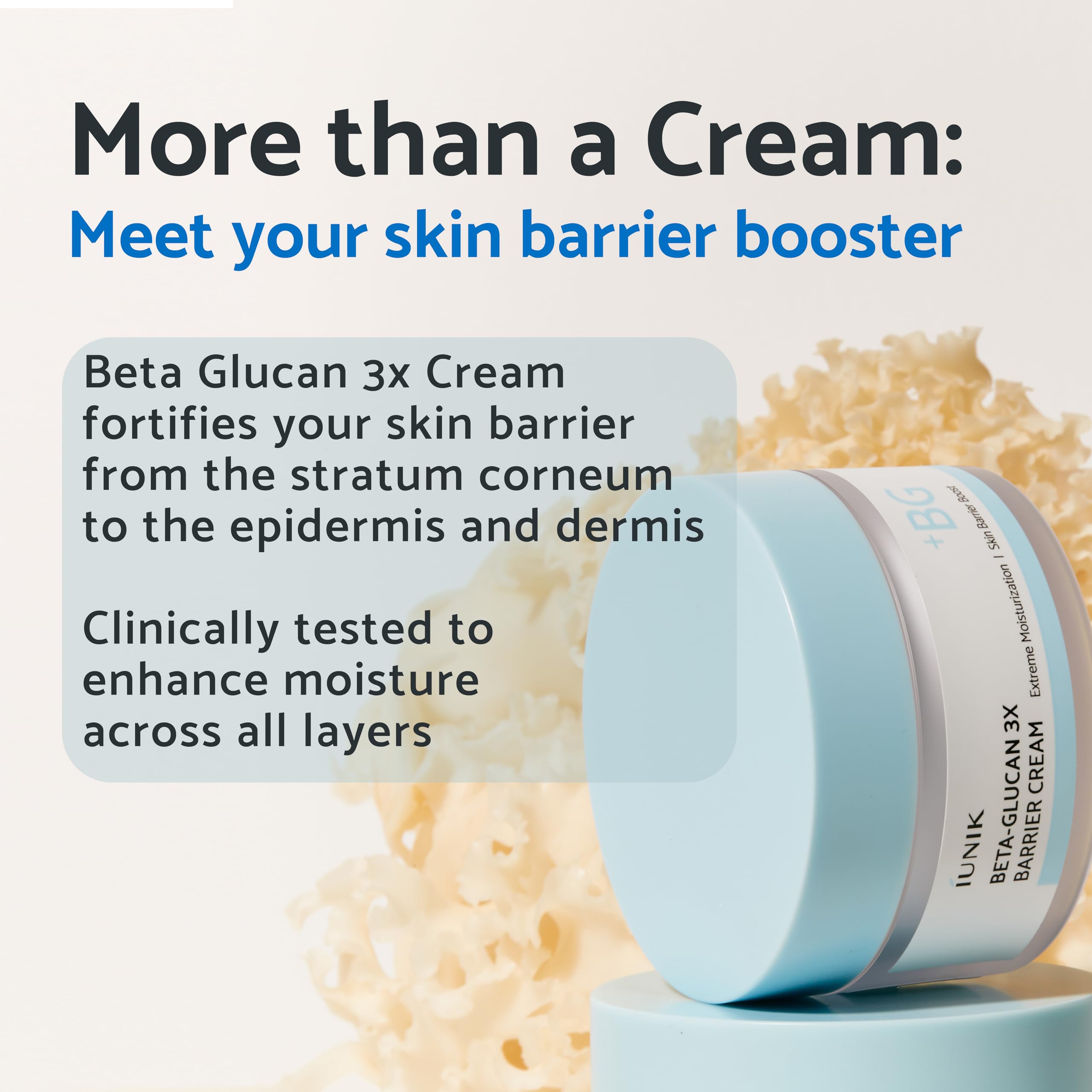 iunik beta-glucan barrier cream close-up shows comfortable, smooth skin after use.