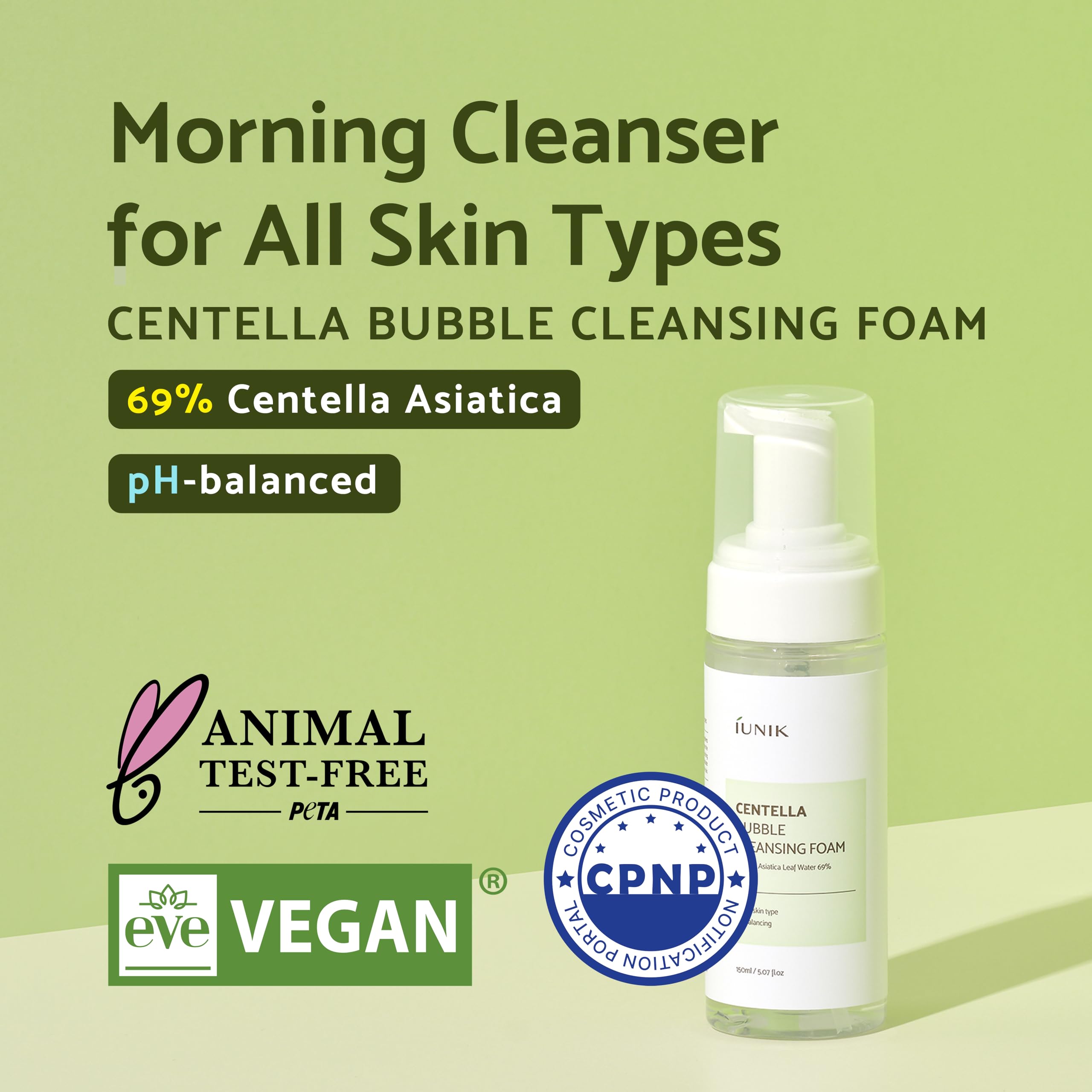 IUNIK Centella Bubble Foaming Cleanser ingredients centella extract and tea tree water for soothing cleanse
