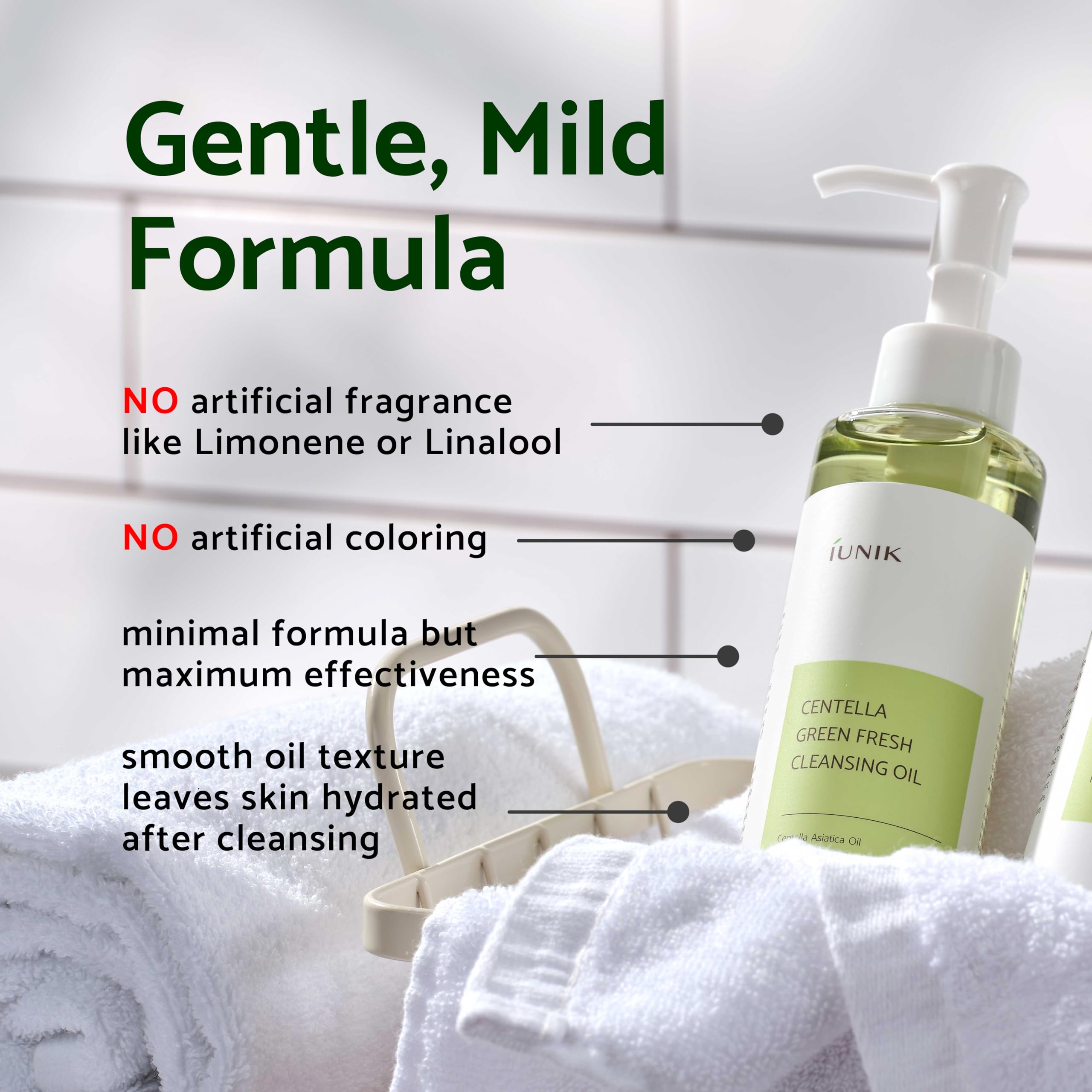 IUNIK cleansing oil dispensing drop, easy-to-use routine for daily skincare