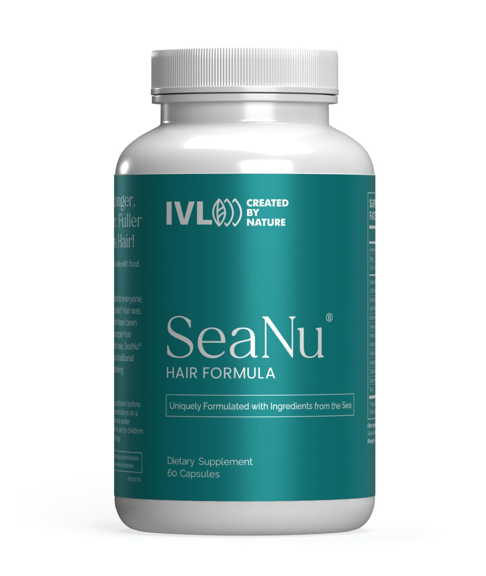 IVL SeaNu Hair capsules close-up highlighting biotin and essential nutrients.