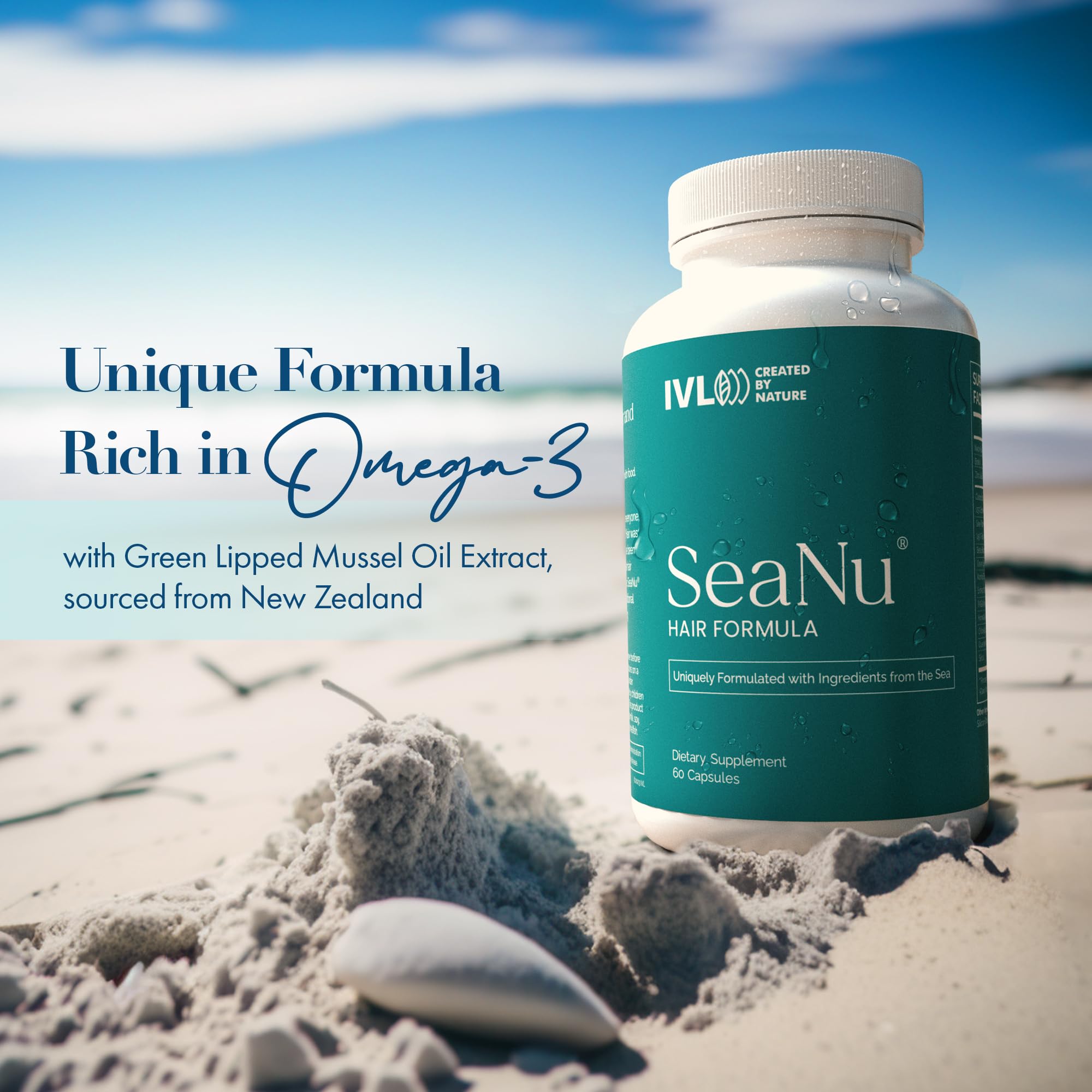 IVL SeaNu Hair bottle pouring illustrating easy daily dosage
