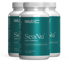 IVL SeaNu Hair Vitamins bottle promotes daily support for healthier hair.