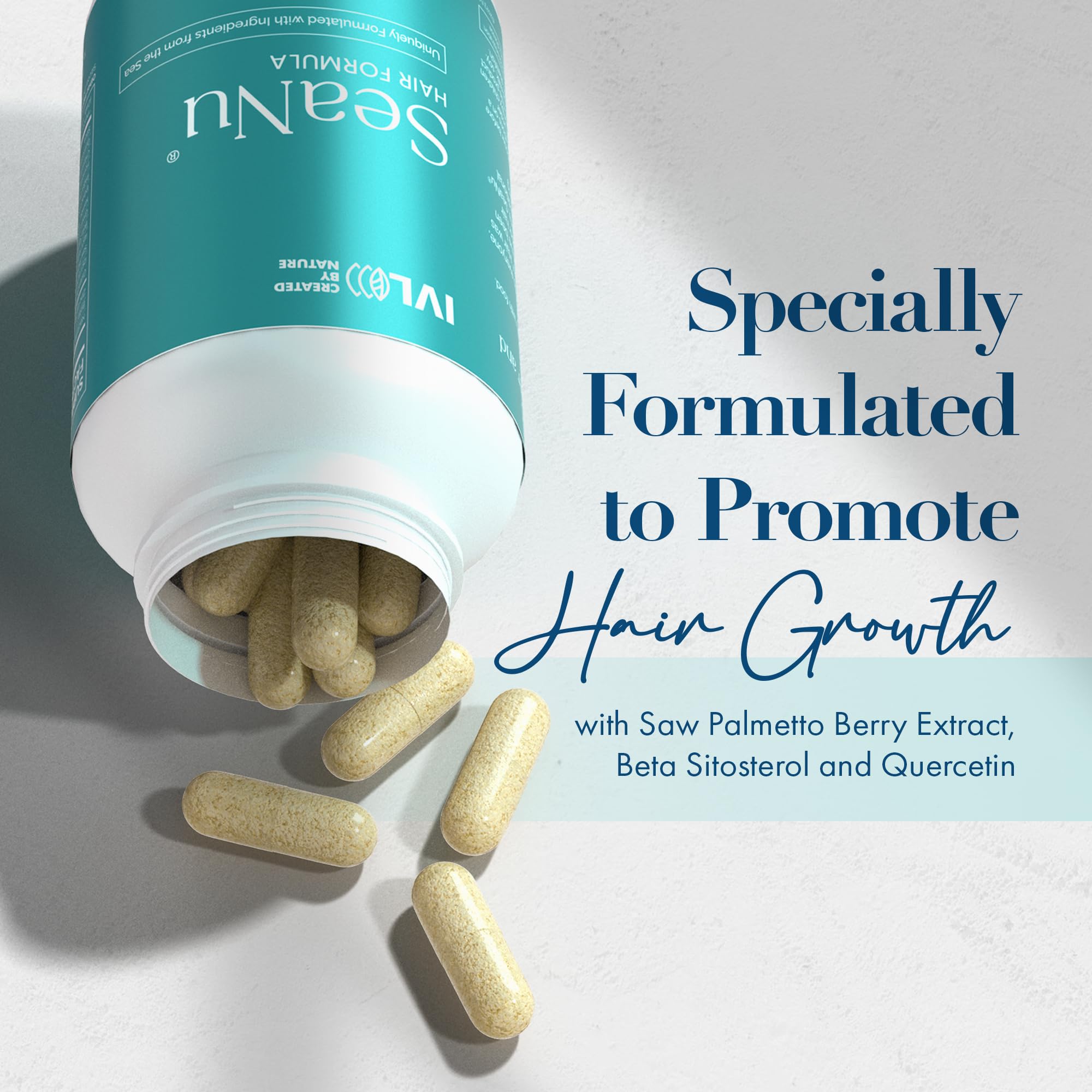 IVL SeaNu Hair Vitamins capsules close-up showing glossy coating and nutrients.
