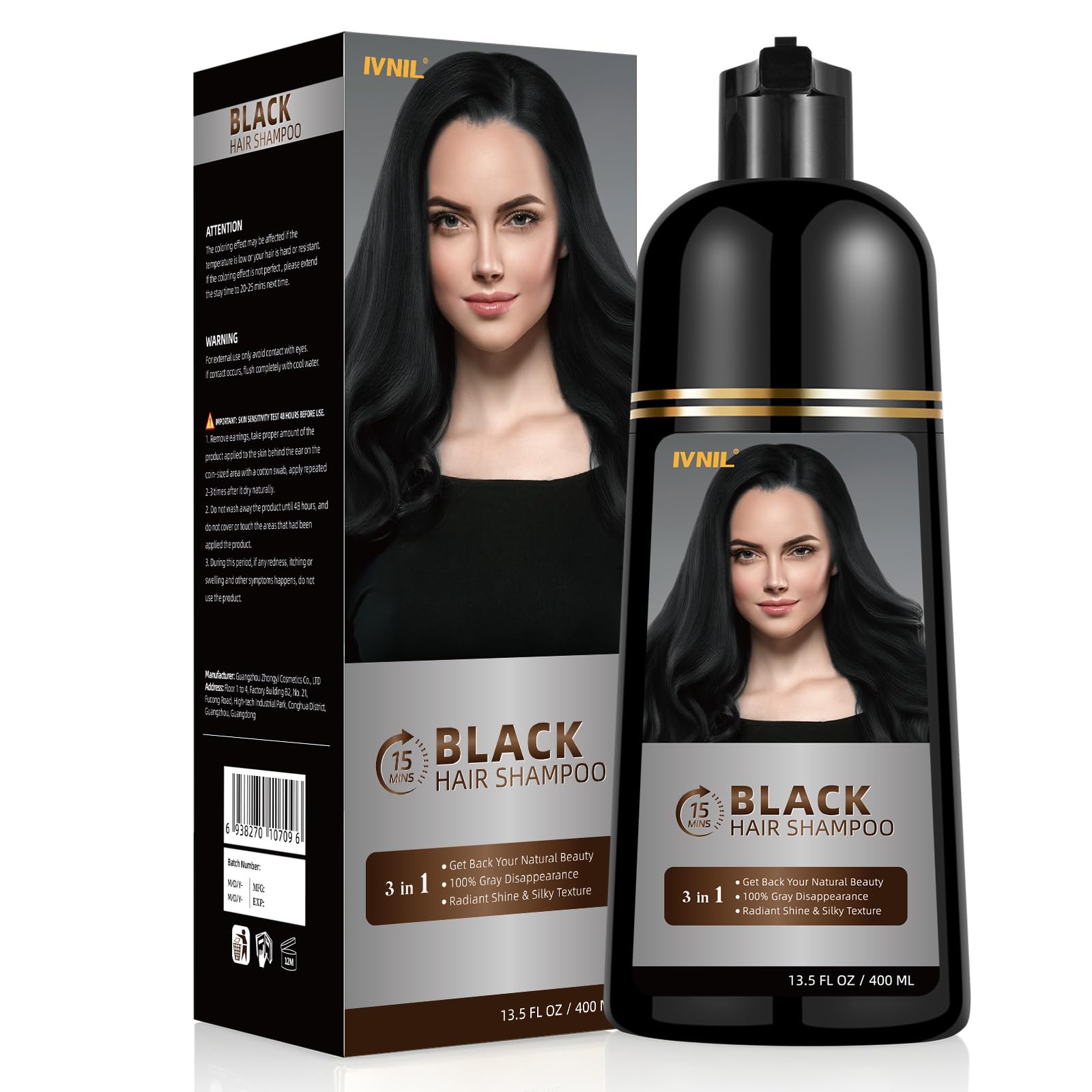 Ivnil Black Hair Dye Shampoo provides gray coverage with natural shine.
