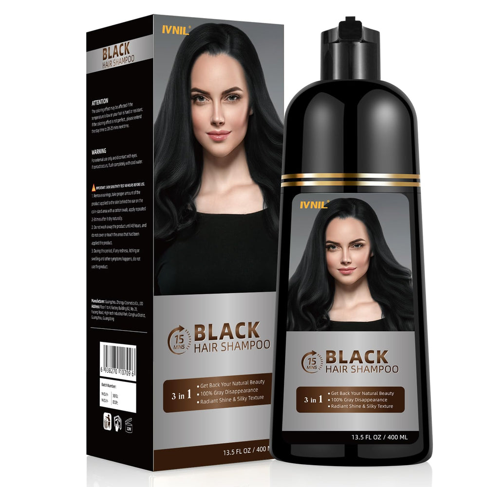 Ivnil Black Hair Dye Shampoo provides gray coverage with natural shine.