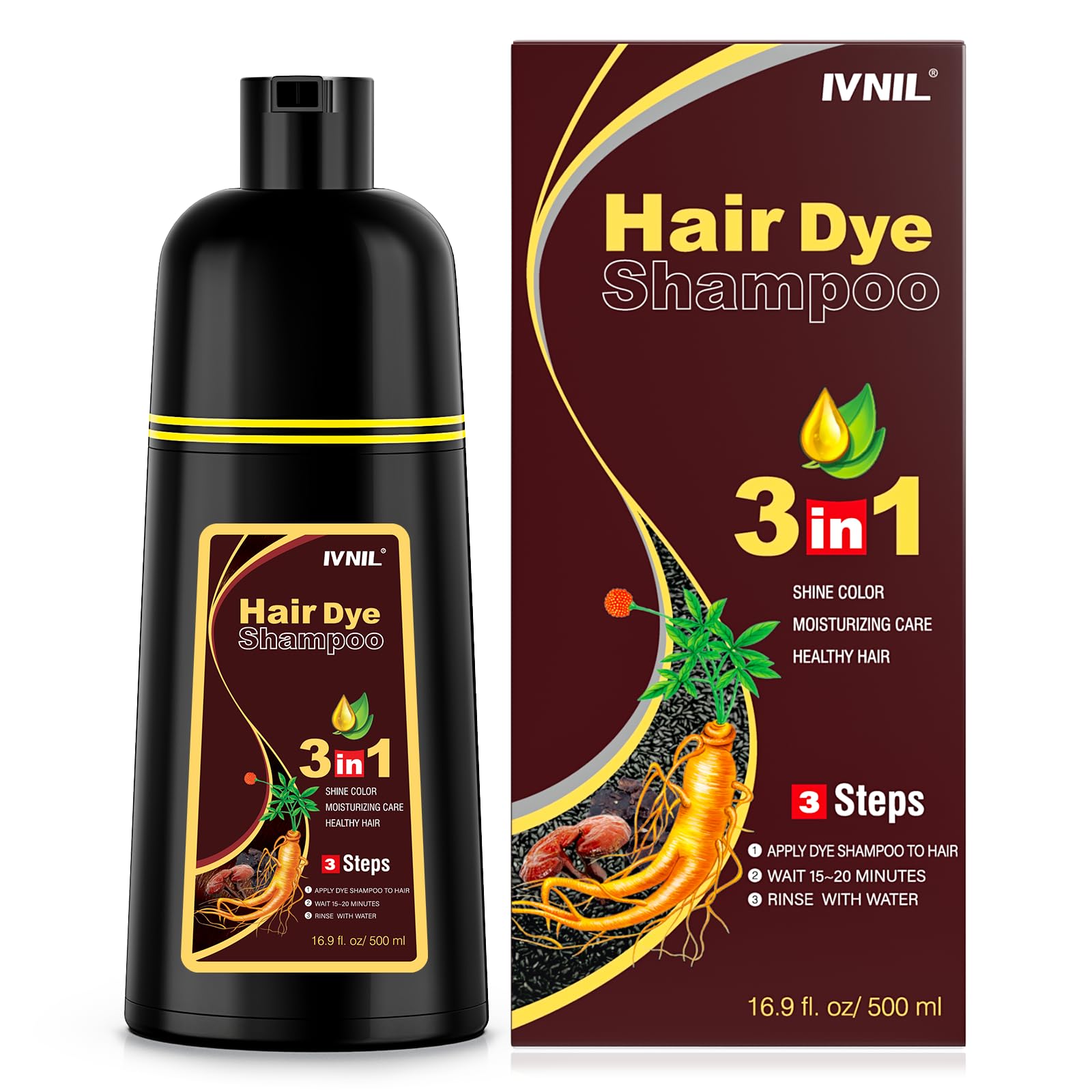 Ivnil Chestnut Brown Hair Dye Shampoo bottle enables simple at-home color application.