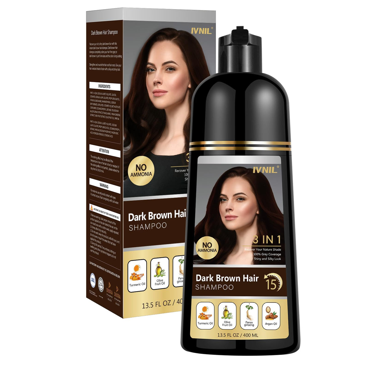 Ivnil Dark Brown Hair Dye Shampoo bottle and packaging for easy gray coverage at home