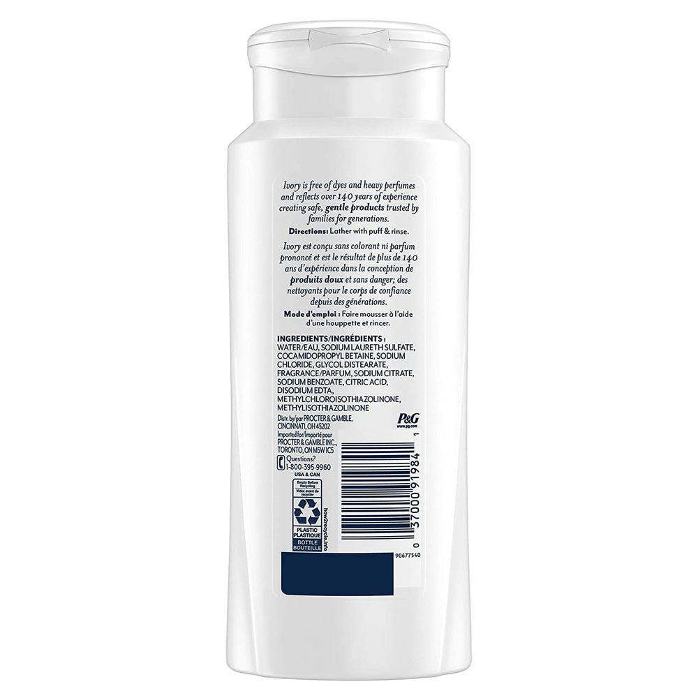 Ivory Aloe Scented Body Wash 21oz bottle side highlights smooth dye-free formula
