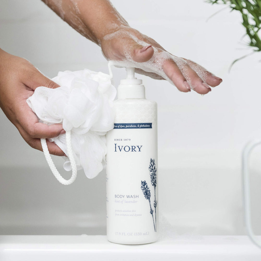 Ivory Sensitive Skin Moisturizing Body Wash bottle with lavender scent, ideal for daily use.