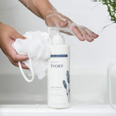 Ivory Sensitive Skin Moisturizing Body Wash bottle with lavender scent, ideal for daily use.
