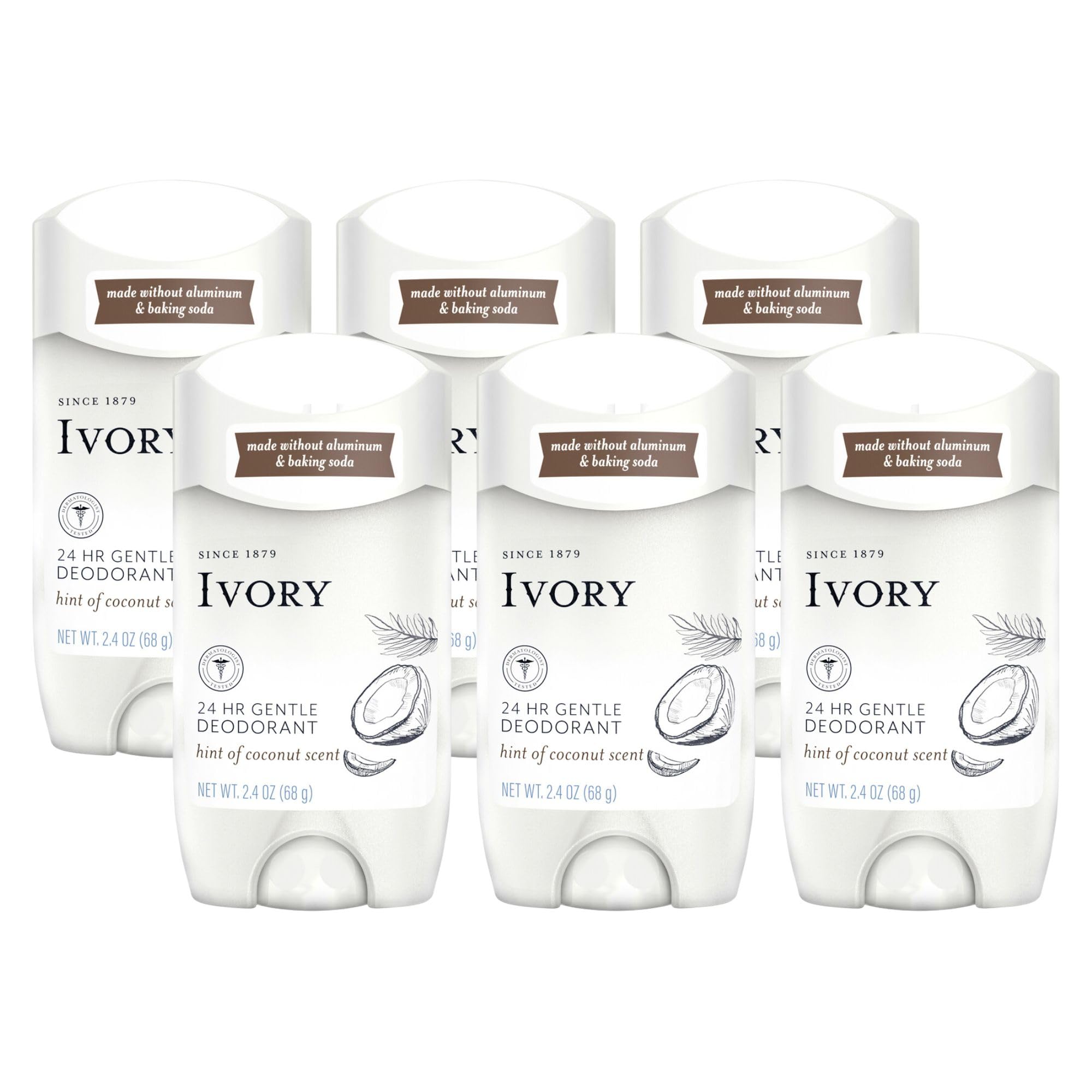 Ivory deodorant coconut-scent six-pack for long-lasting freshness without aluminum.