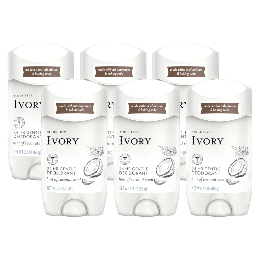 Ivory deodorant coconut-scent six-pack for long-lasting freshness without aluminum.