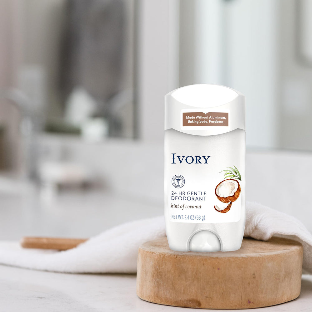 Ivory deodorant hint of aloe 6-pack back view emphasizes baking soda and parabens-free ingredients