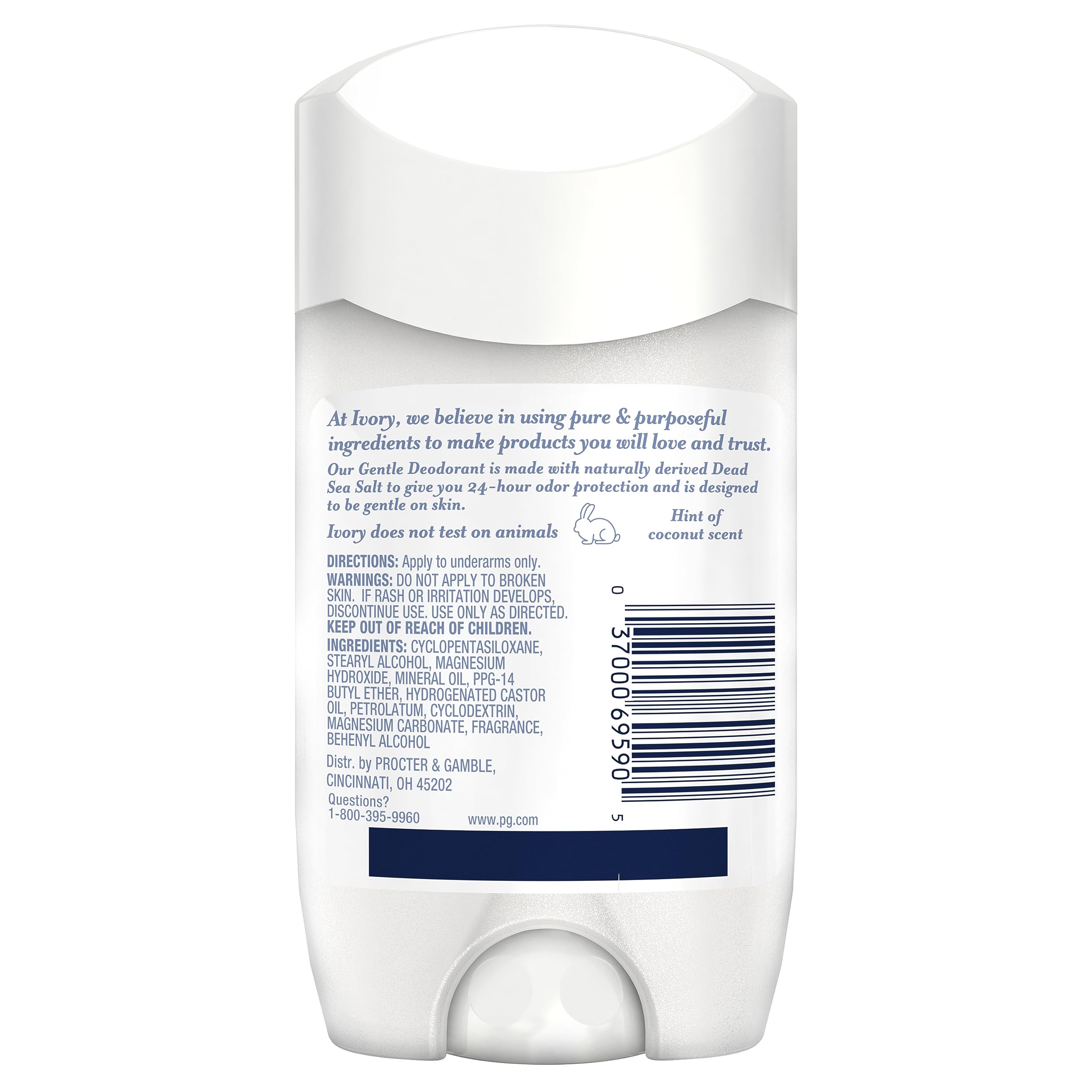 Ivory deodorant hint of aloe 6-pack ingredients label closeup communicates aluminum-free and fragrance details