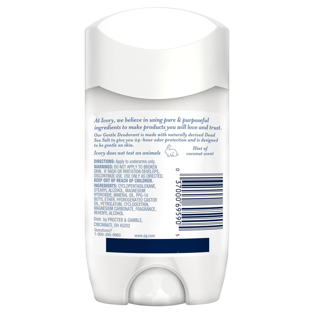 Ivory deodorant hint of aloe 6-pack ingredients label closeup communicates aluminum-free and fragrance details