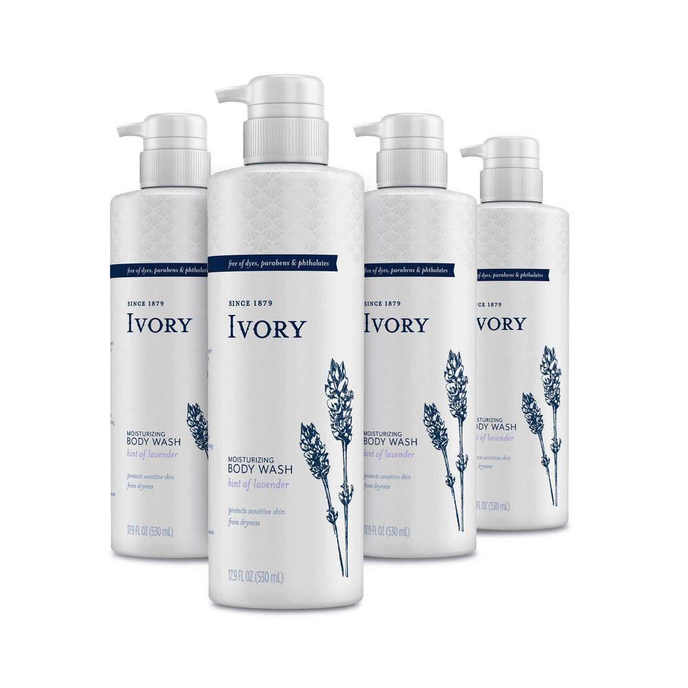 Ivory Sensitive Skin Moisturizing Body Wash bottle pour with lavender scent for gentle cleansing.