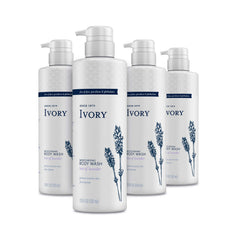 Ivory Sensitive Skin Moisturizing Body Wash bottle pour with lavender scent for gentle cleansing.