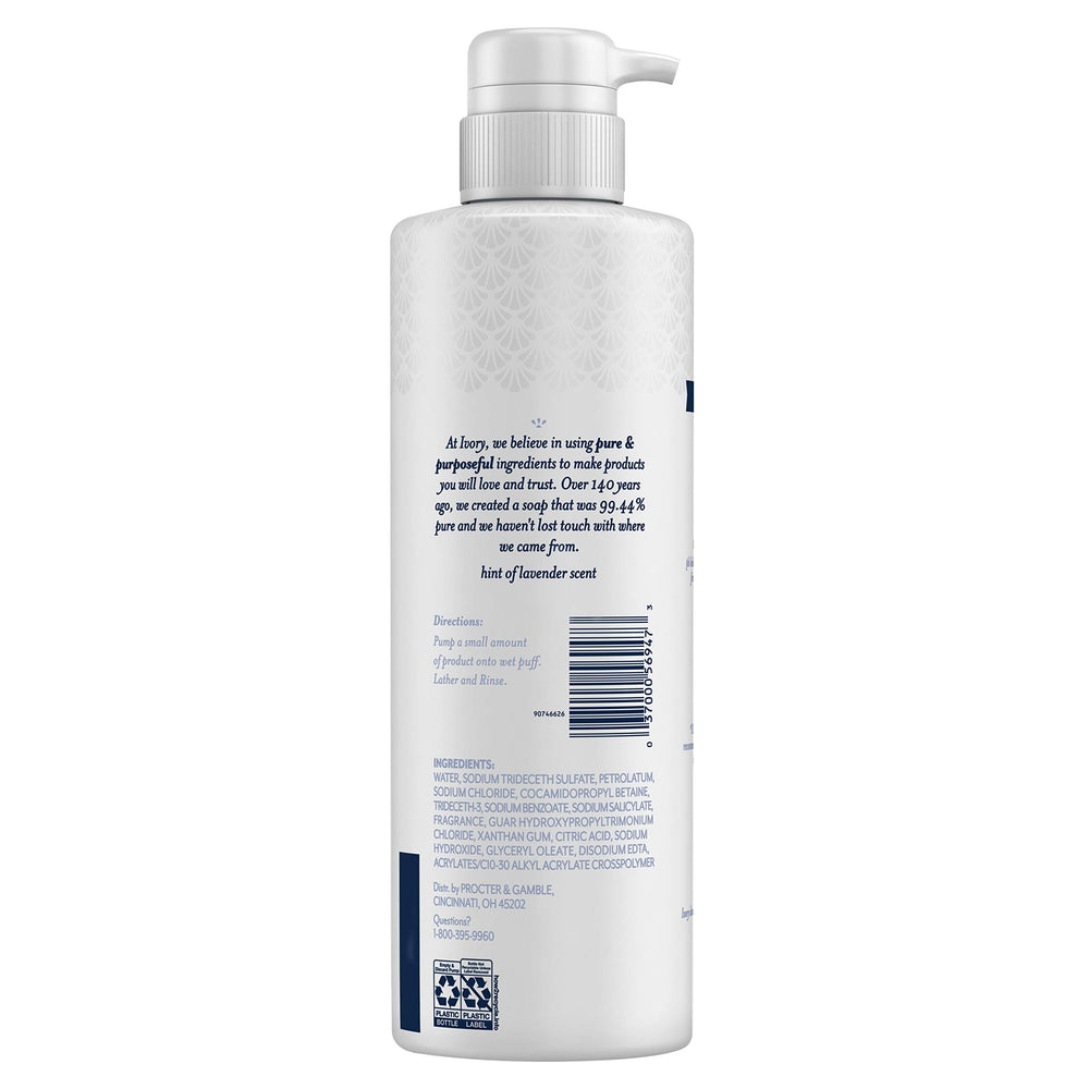 Ivory Sensitive Skin Moisturizing Body Wash lather close-up showing nourishing moisture.