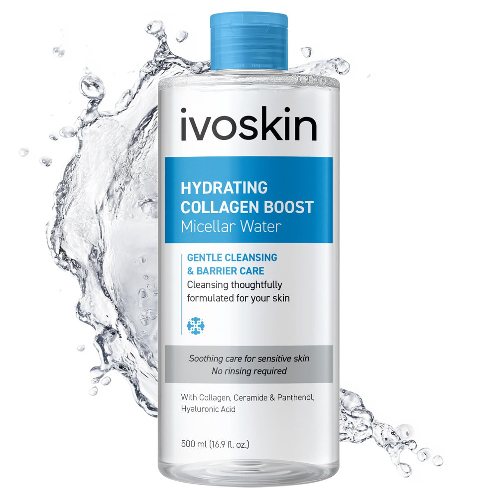 IVOSKIN Hydrating Collagen Boost Micellar Water bottle pour supports gentle makeup removal.