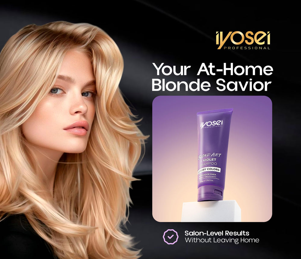 IYOSEI Brand logo and Blond Art Violet Shampoo packaging on display.