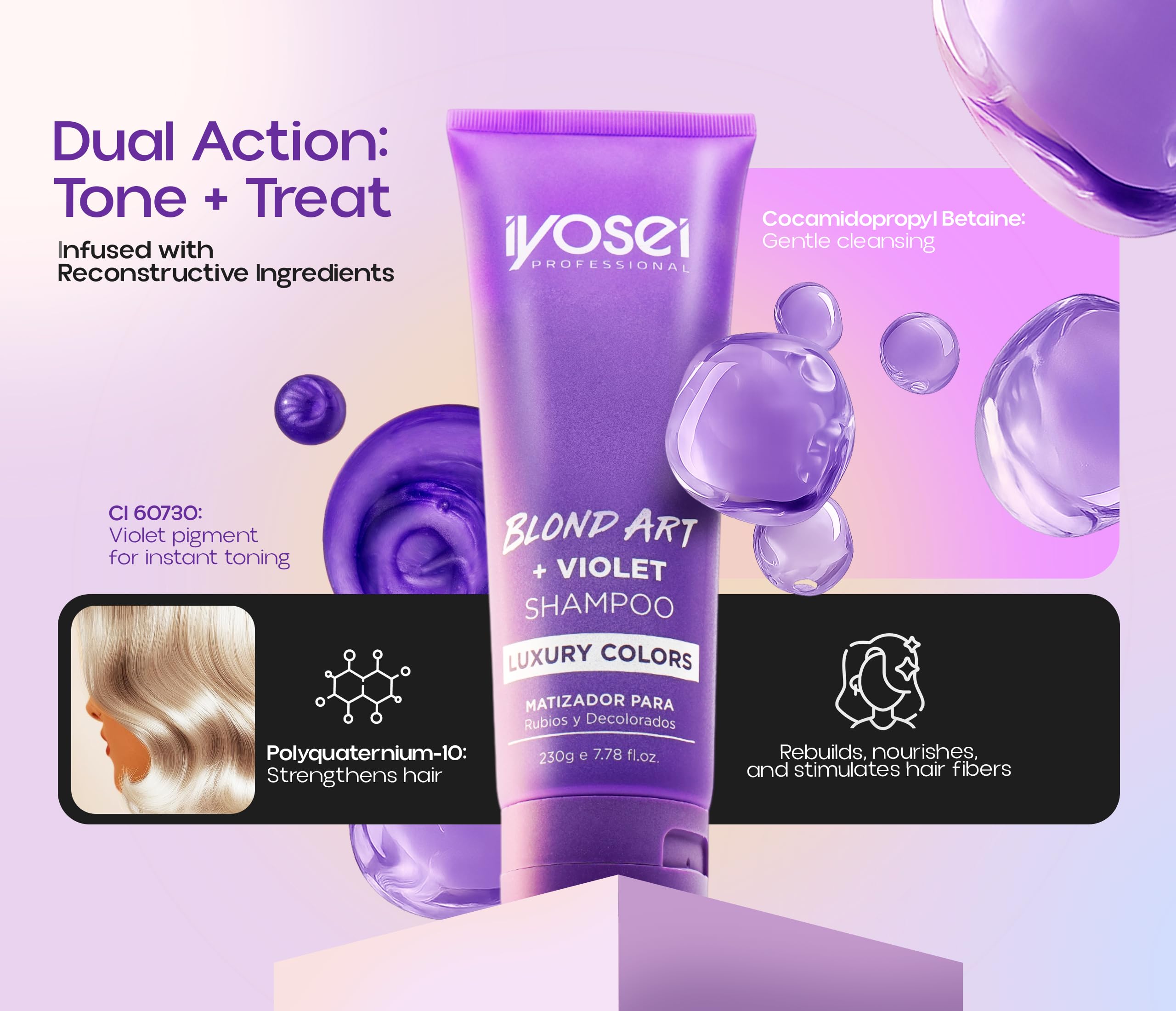 IYOSEI Violet pigments neutralize brass on blonde or silver hair.