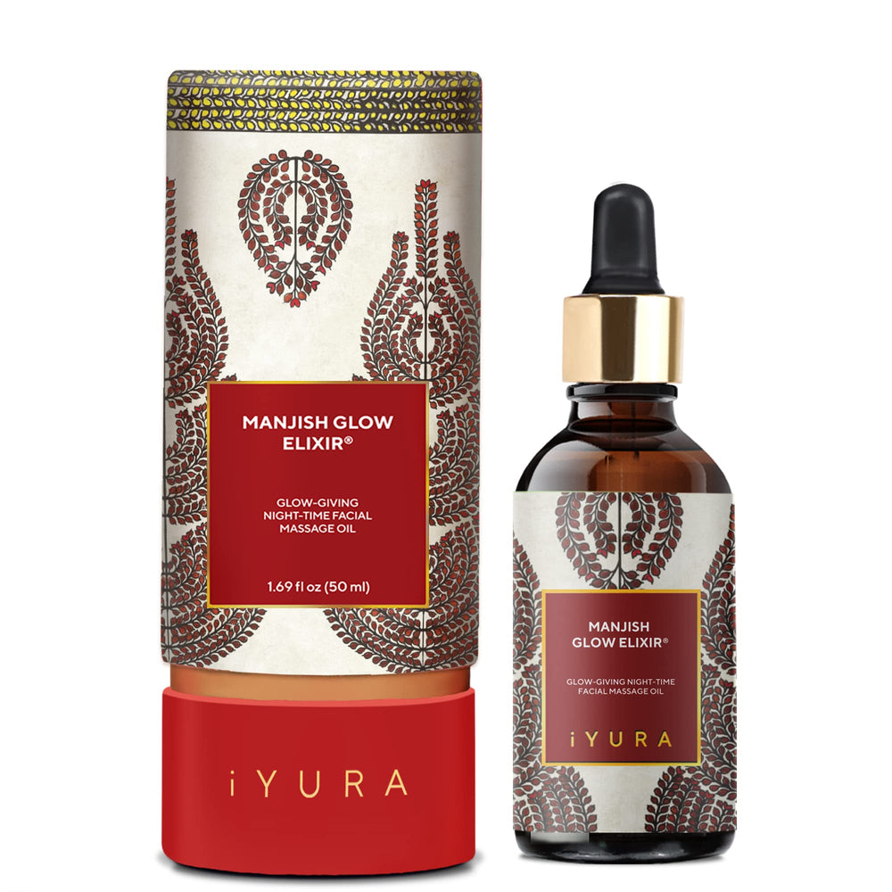 Iyura Manjish Glow Elixir bottle showcasing premium nighttime oil for radiant skin.