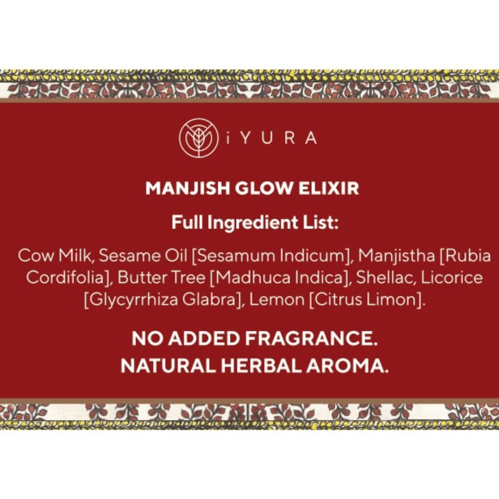 Iyura Manjish Glow Elixir lightweight oil texture absorbs quickly.