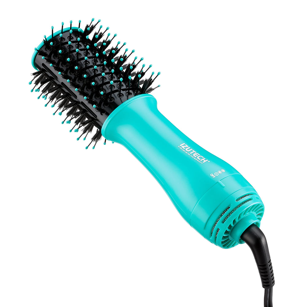 Izutech Toro portable 2-in-1 hair dryer teal close-up of volumizing brush for lift.