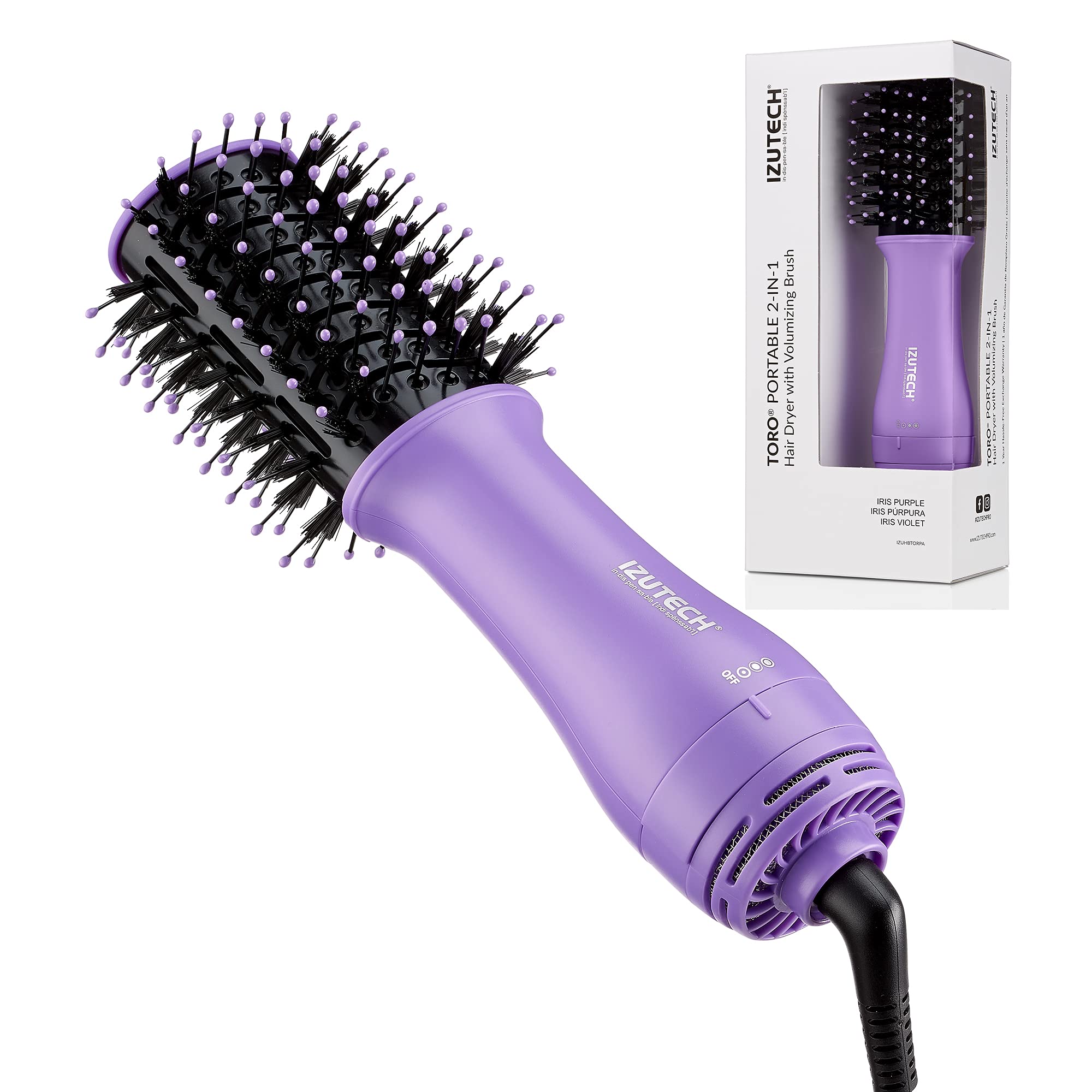 Izutech Toro portable 2-in-1 hair dryer with volumizing brush in compact design for easy styling.