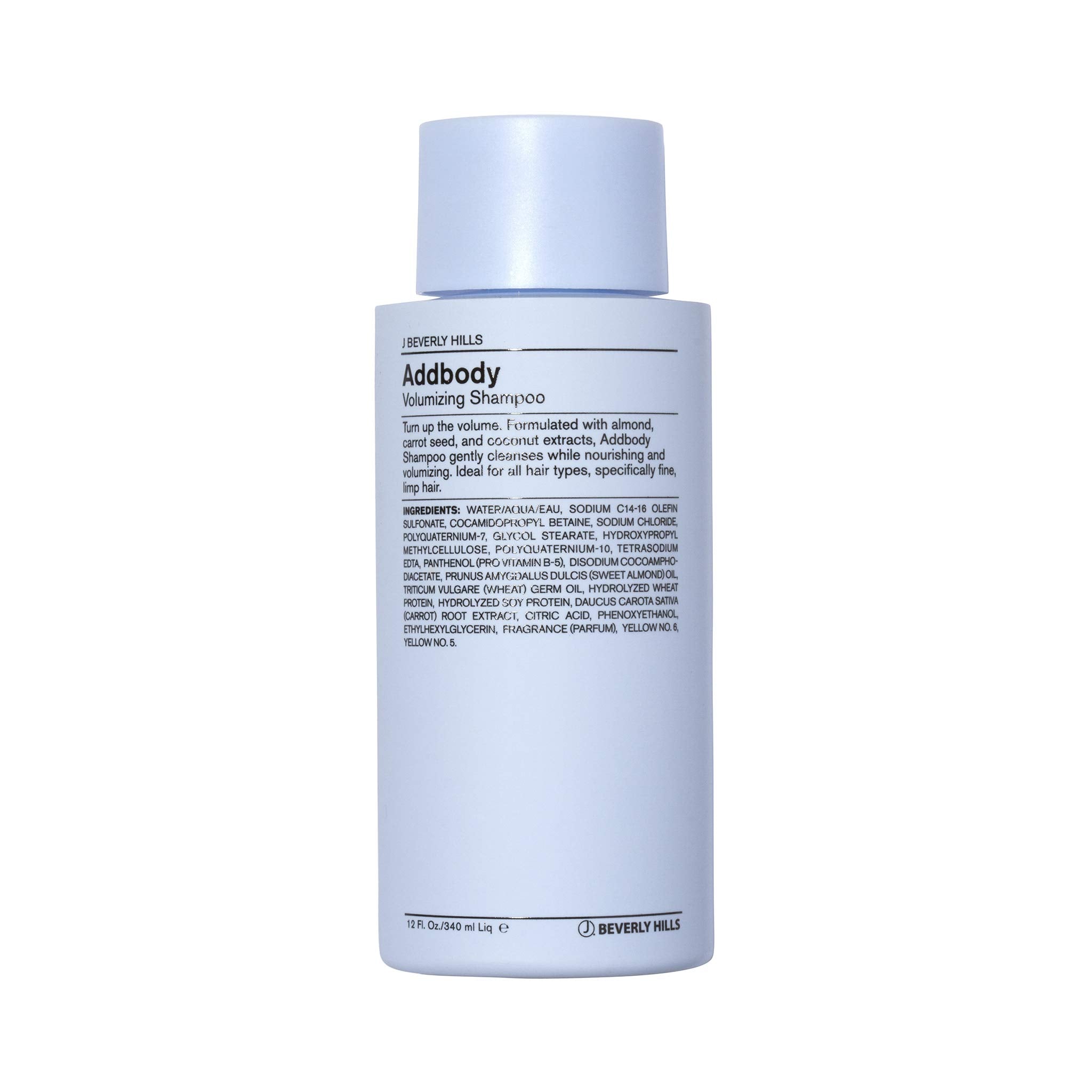 J Beverly Hills Blue Addbody shampoo bottle on bathroom shelf for volumizing cleanse