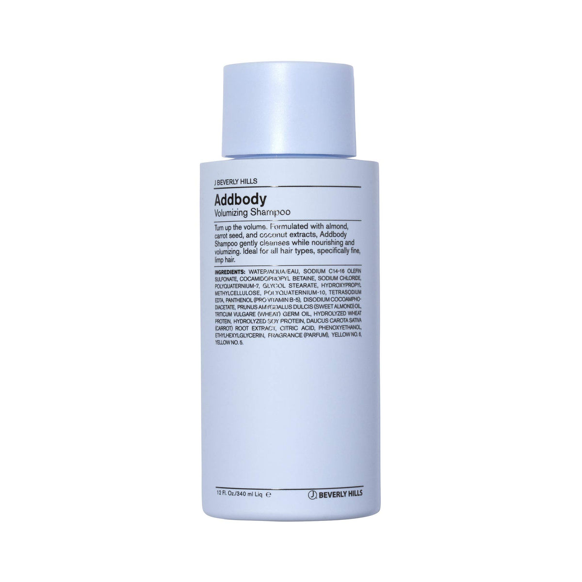 J Beverly Hills Blue Addbody shampoo bottle on bathroom shelf for volumizing cleanse