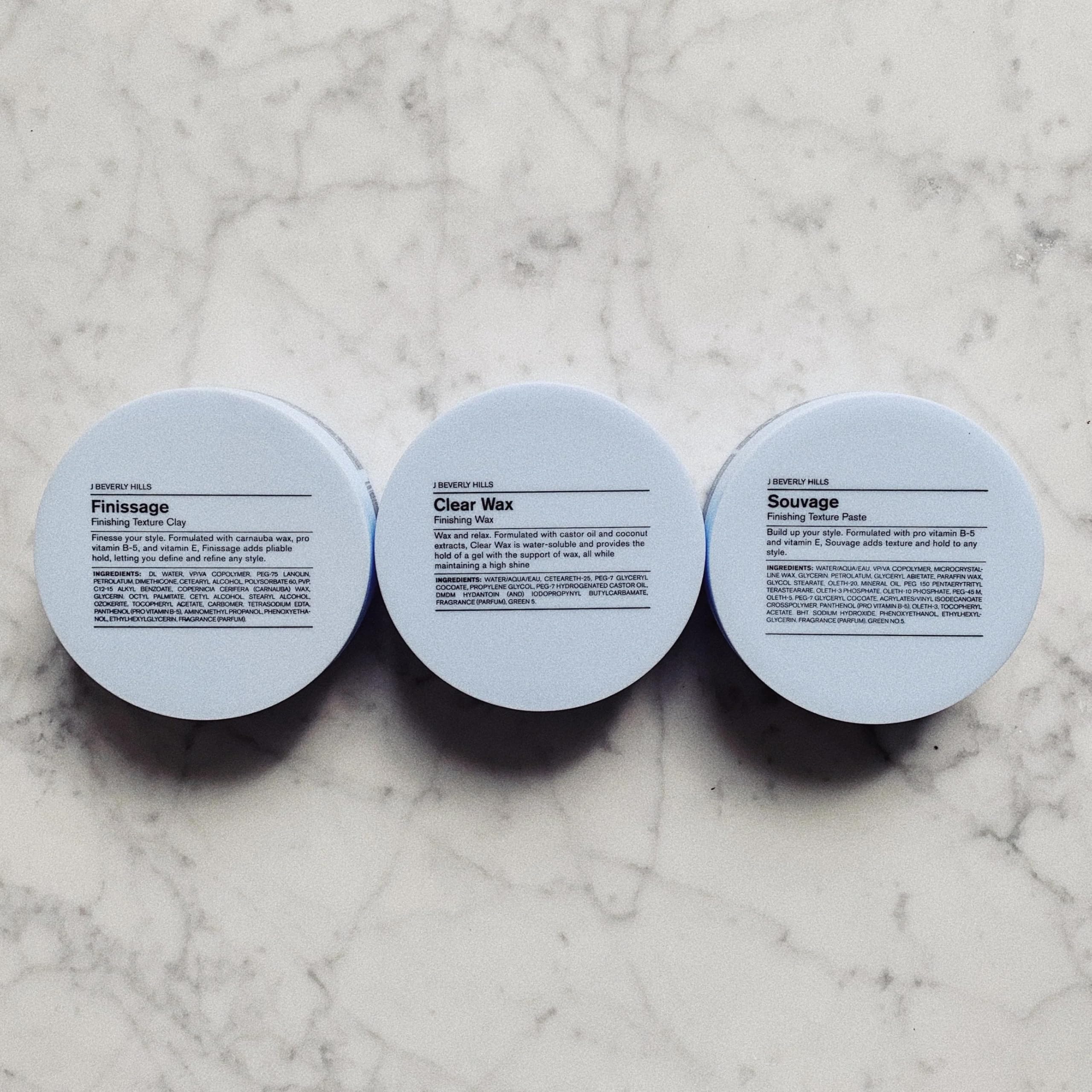 Open jar shows translucent finishing wax ready for styling.