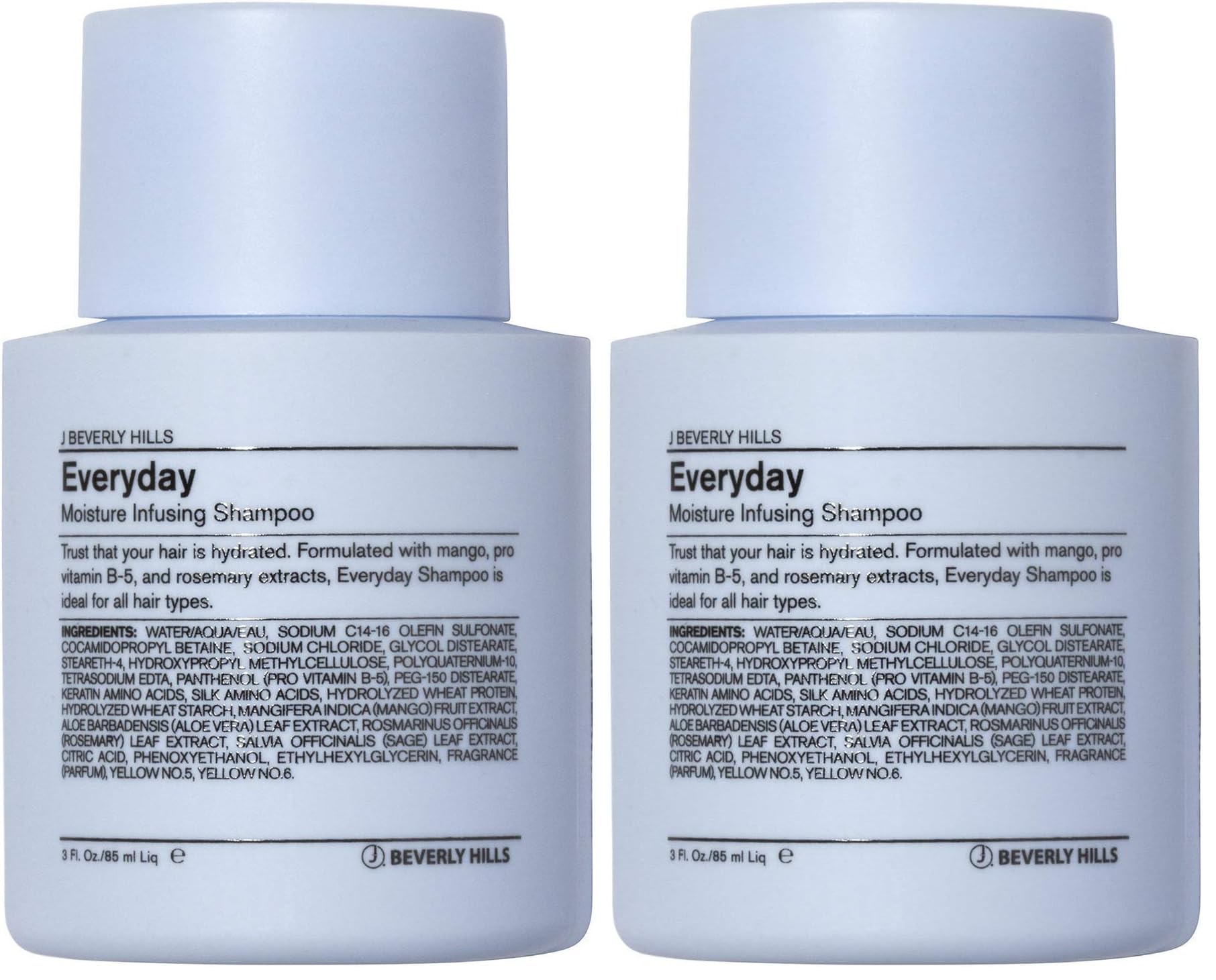 J Beverly Hills Blue Everyday Moisturizing Shampoo bottle front, hydrating formula for all hair types.