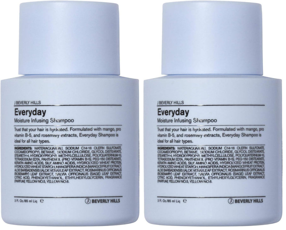 J Beverly Hills Blue Everyday Moisturizing Shampoo bottle front, hydrating formula for all hair types.