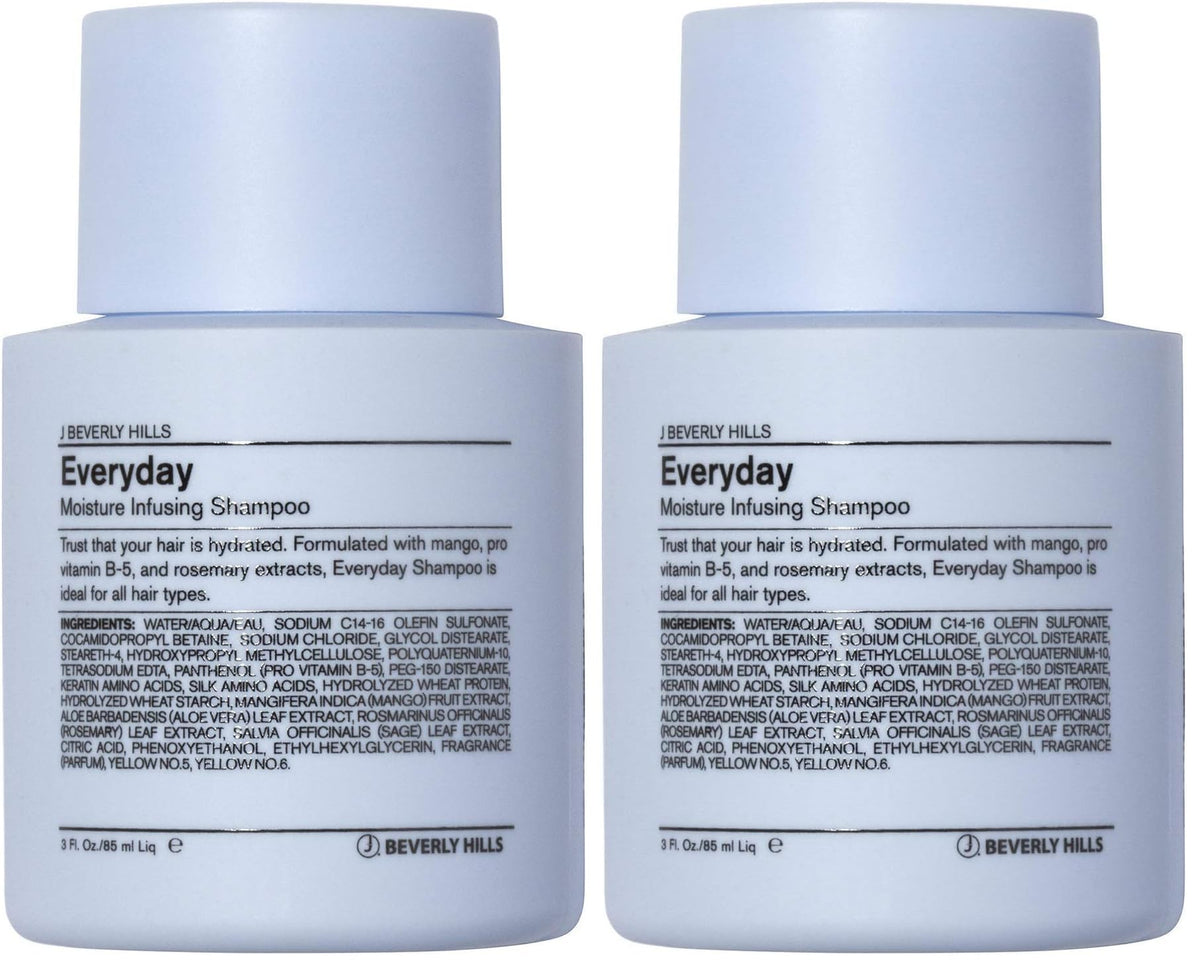 J Beverly Hills Blue Everyday Moisturizing Shampoo bottle front, hydrating formula for all hair types.