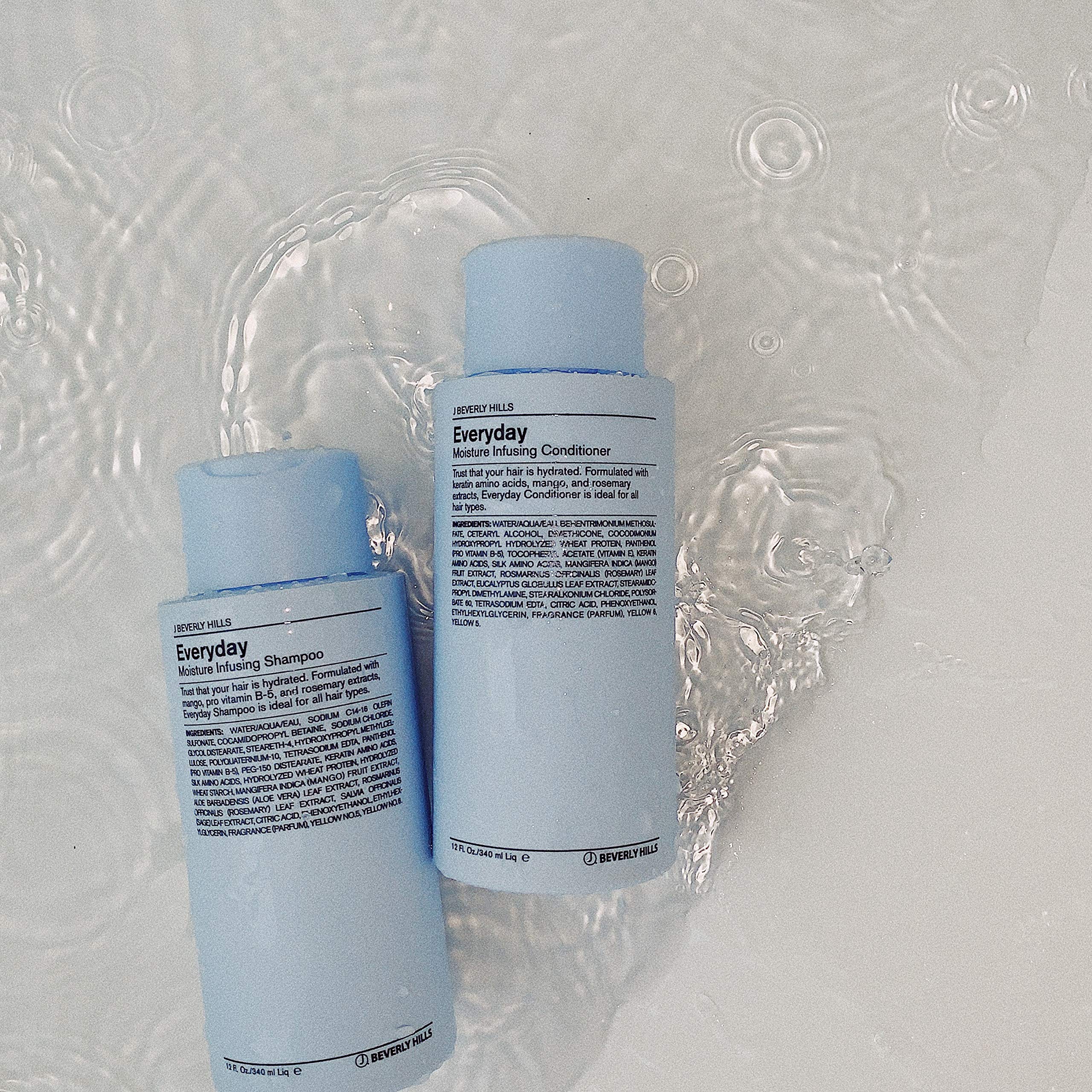 J Beverly Hills Blue Everyday Moisturizing Shampoo bottle featuring eucalyptus oil.