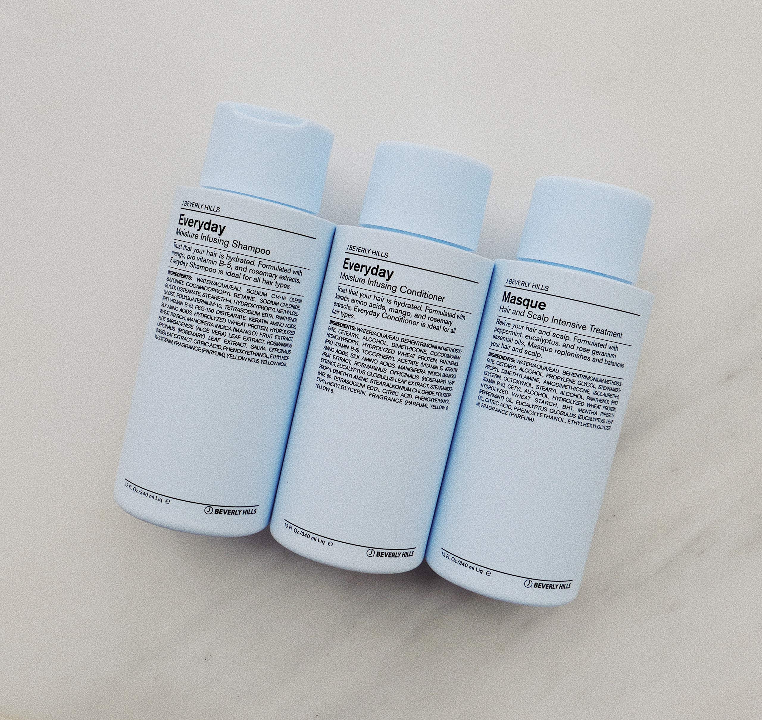 J Beverly Hills Blue Everyday Moisturizing Shampoo with rosemary extracts for scalp comfort.