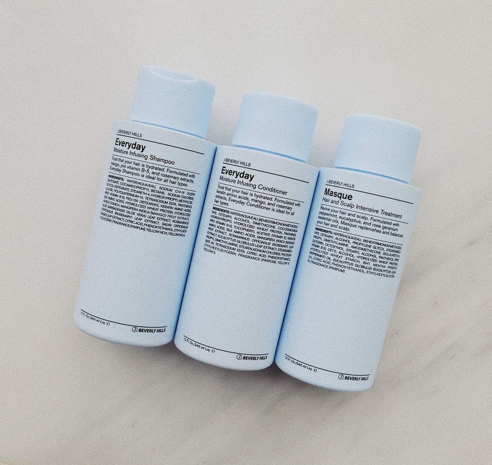 J Beverly Hills Blue Everyday Moisturizing Shampoo with rosemary extracts for scalp comfort.