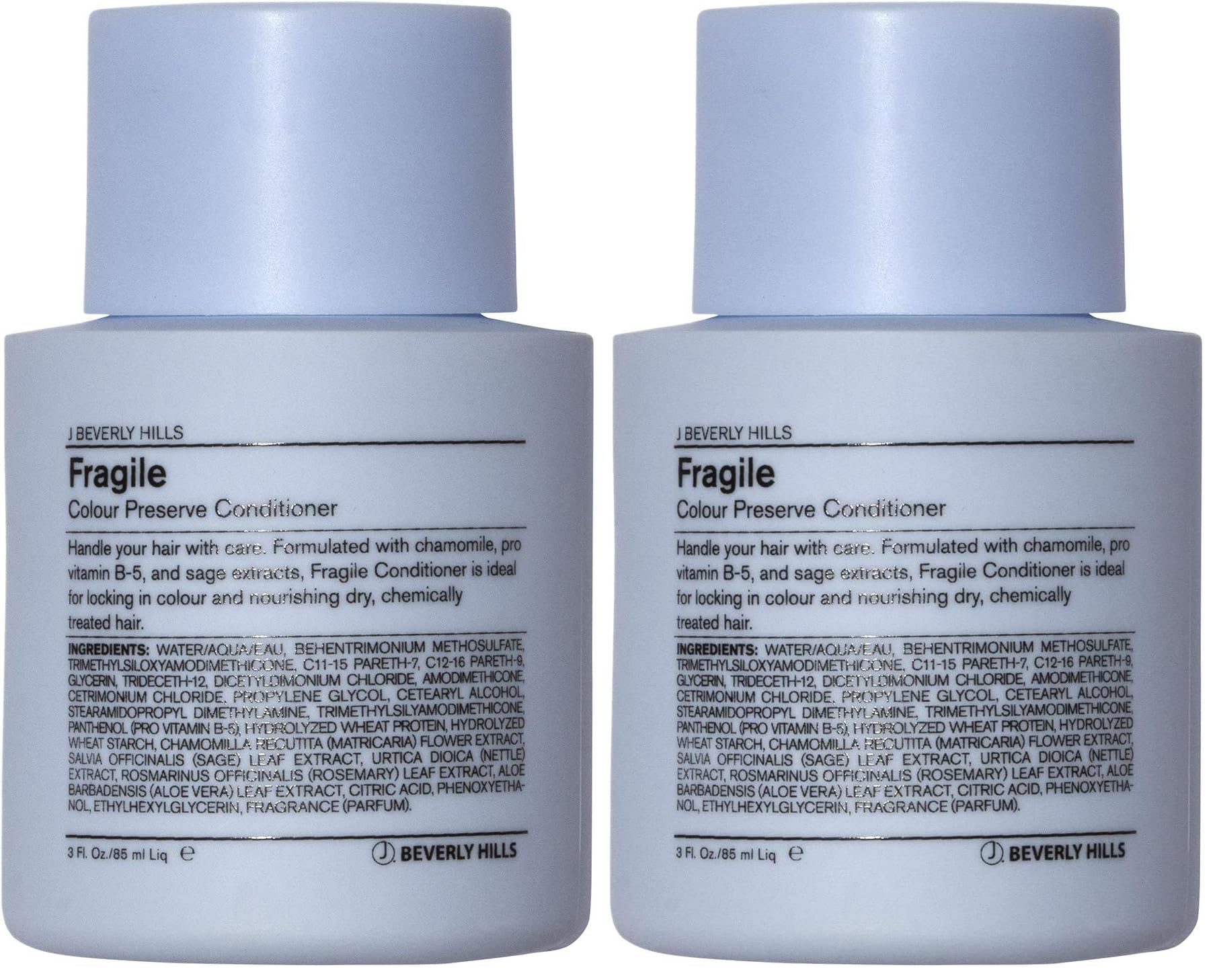 J Beverly Hills Blue Fragile Conditioner bottle demonstrates color protection.