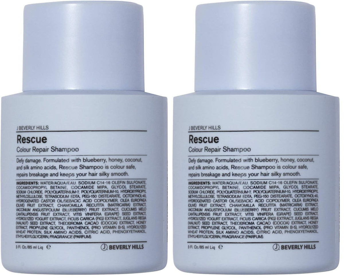 J Beverly Hills Blue Rescue bottle front label showing color-safe formula for treated hair.